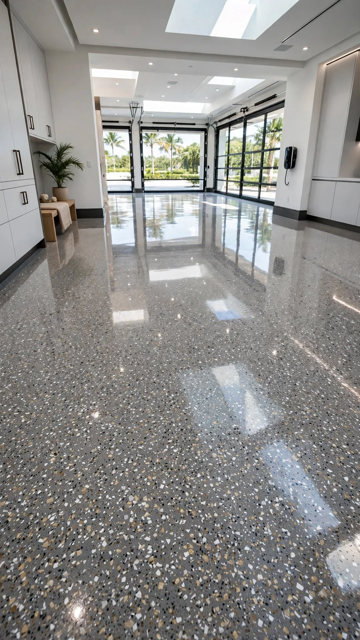 High-gloss seamless polyaspartic granite-flake floor in a luxury estate private garage