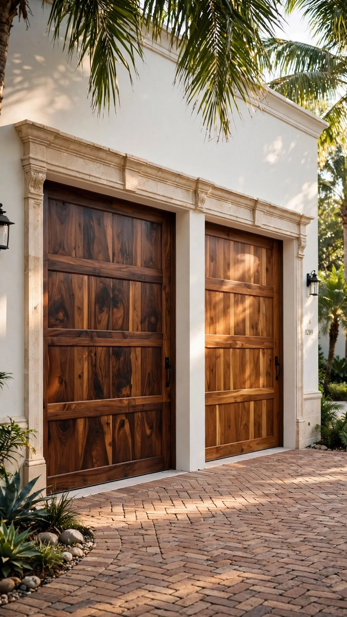 Architectural garage doors with rich hand-painted faux wood grain finish and carved stone surround
