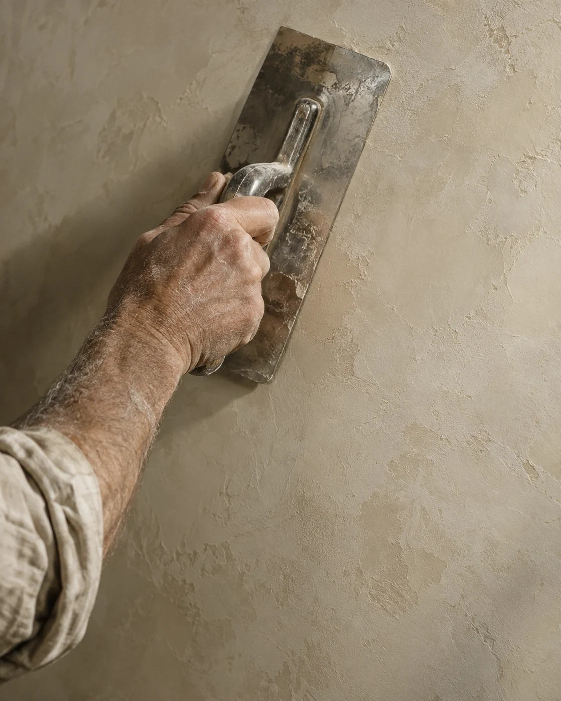 Illustration of an anonymous hand applying plaster with a finishing trowel